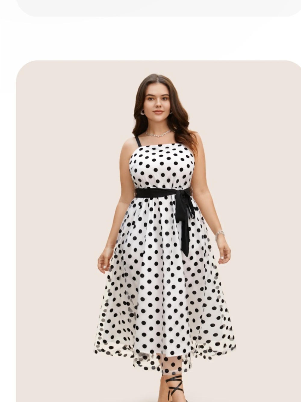 BloomChic White Polka Dot Midi Dress with Black Sash